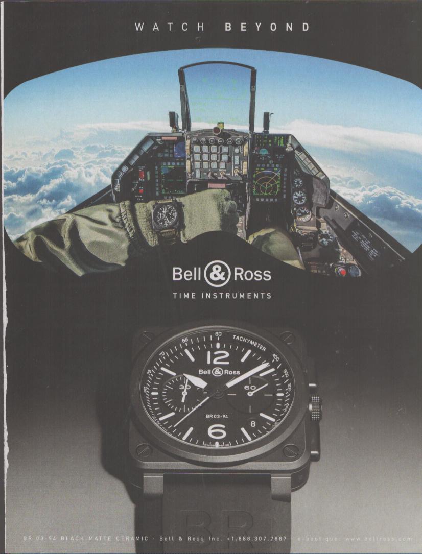 Vintage 2000s Bell & Ross BR 03-94 Black Matte Ceramic original print advertisement, fighter jet cockpit view from pilot's seat above clouds with watch prominently displayed on wrist and large product shot below