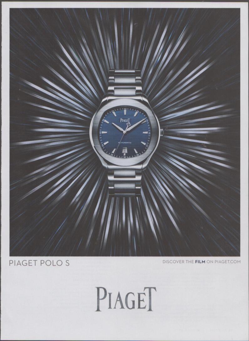 Vintage 2016 Piaget Polo S original print advertisement, stainless steel automatic watch with blue dial centered in dramatic starburst light-ray background
