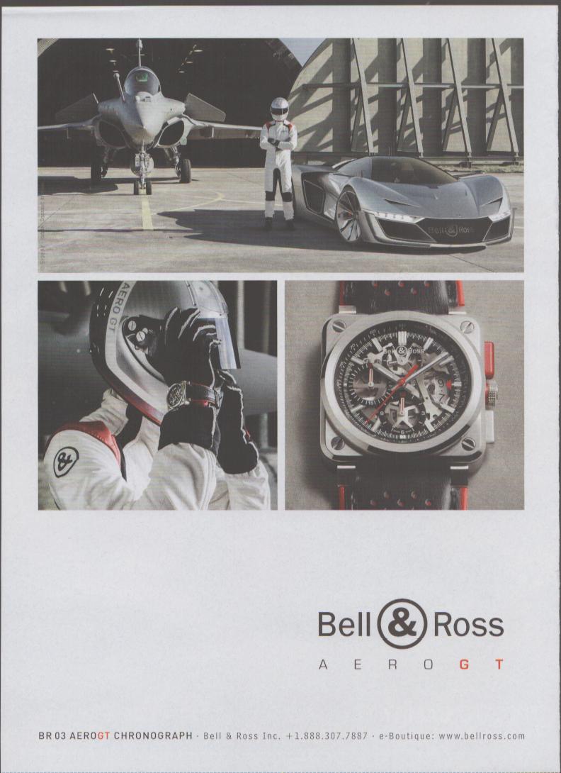 Vintage 2015 Bell & Ross BR 03 AeroGT Chronograph original print advertisement, three-panel layout featuring pilot with fighter jet and supercar concept on tarmac, close-up of watch on wrist, and skeleton chronograph detail with red accents