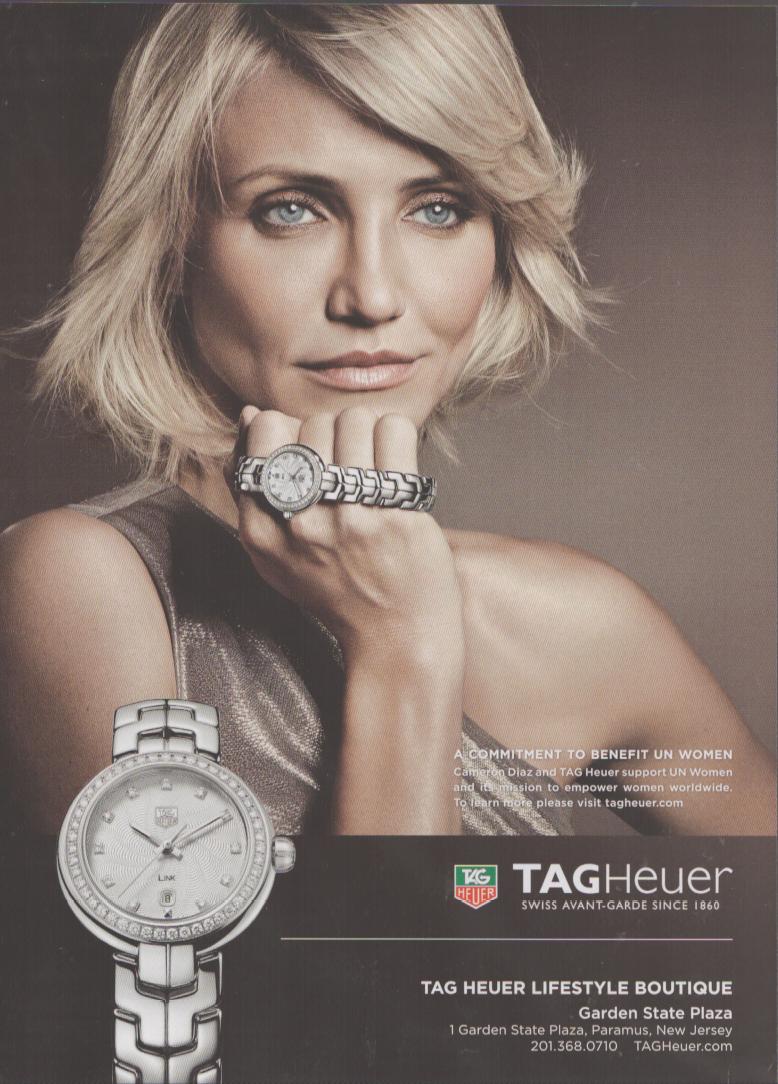 Vintage 2012 TAG Heuer Link Diamond original print advertisement, Cameron Diaz portrait with diamond-bezel ladies watch on wrist