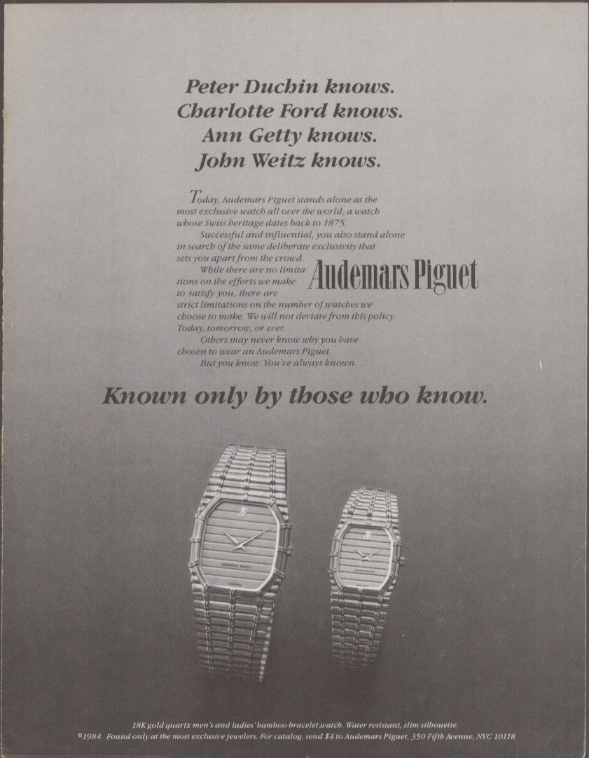 Vintage 1984 Audemars Piguet bamboo bracelet watch original print advertisement, black and white image featuring men's and ladies' 18K gold quartz watches with celebrity endorsements from Peter Duchin, Charlotte Ford, Ann Getty, and John Weitz