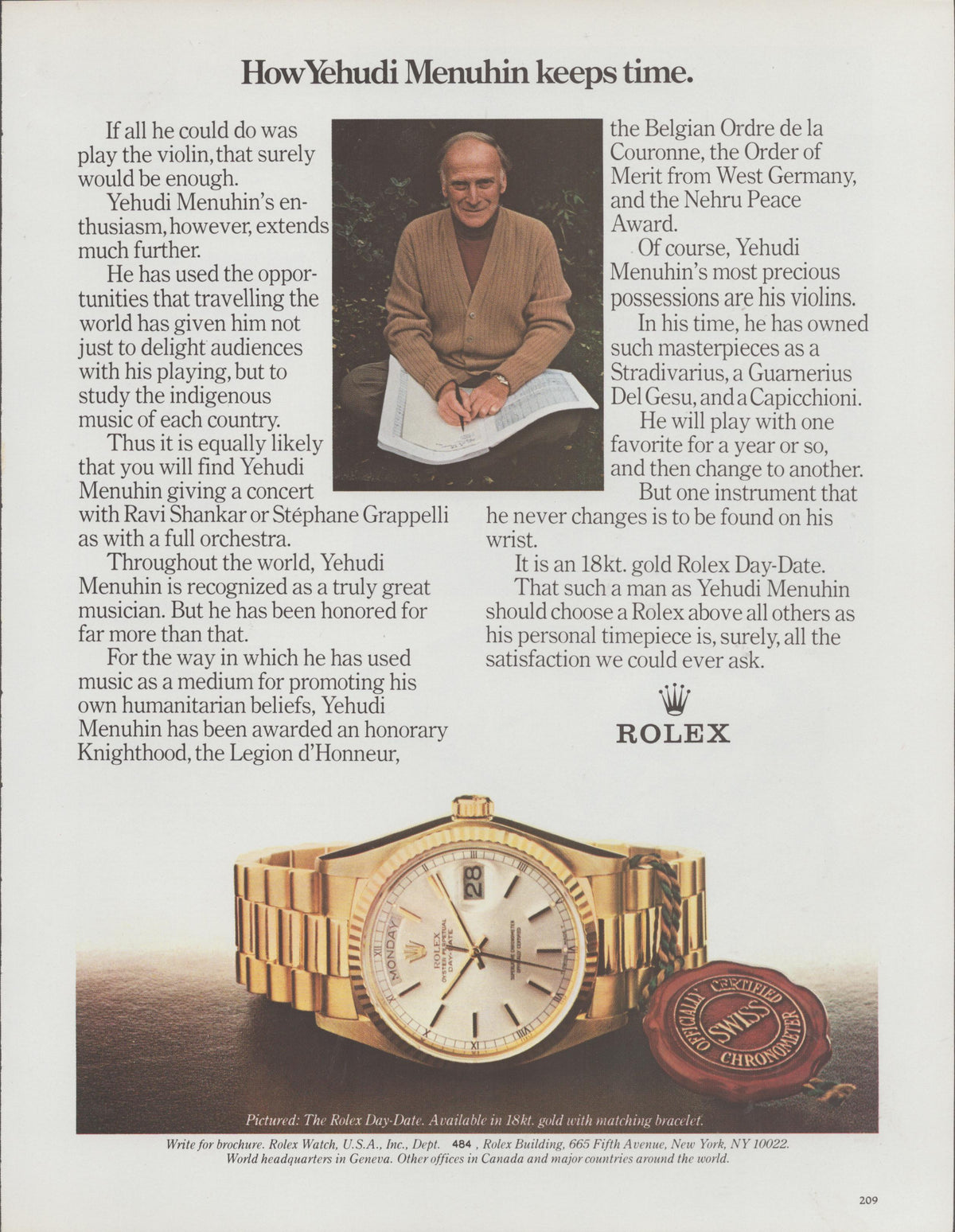 Vintage 1970s Rolex Day-Date President original print advertisement featuring violinist Yehudi Menuhin seated with sheet music and an 18-karat gold Day-Date on his wrist, with product shot below