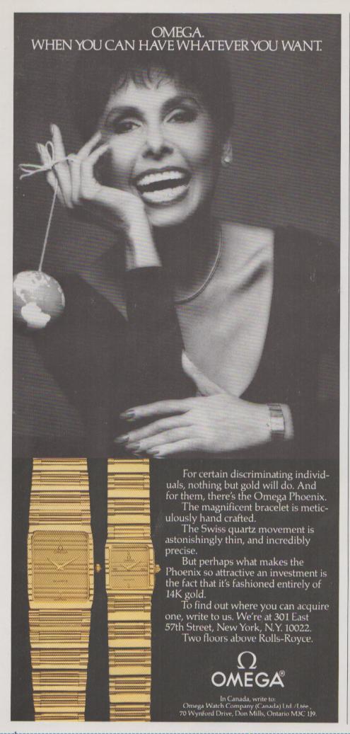 Vintage 1980s Omega Phoenix original print advertisement, glamorous female celebrity holding a miniature globe with 14K gold Omega Phoenix watch shown prominently