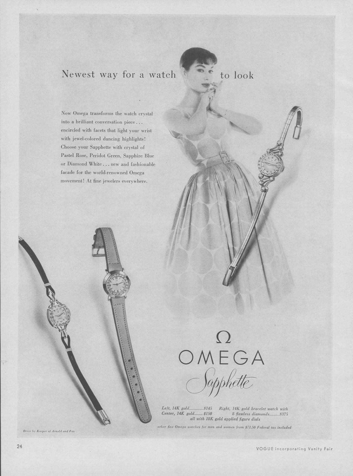 Vintage 1950s Omega Sapphette original print advertisement, black and white fashion illustration of elegant woman with three ladies' dress watches displayed below