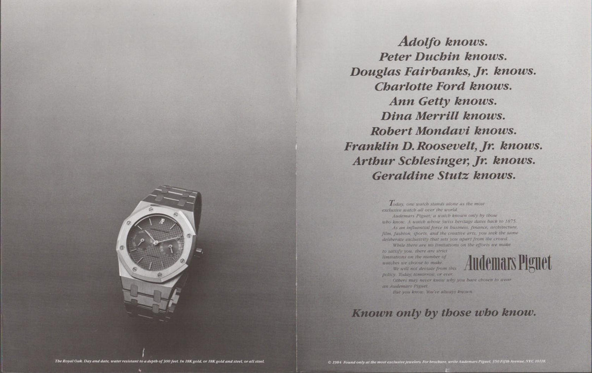 Vintage 1984 Audemars Piguet Royal Oak original print advertisement, two-page B&W spread featuring the Royal Oak watch and celebrity endorsement list with tagline 'Known only by those who know'
