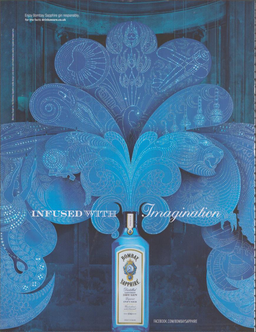 Vintage 2010s Bombay Sapphire London Dry Gin original print advertisement, iconic blue bottle surrounded by elaborate swirling botanical dotwork illustrations on deep blue background with 'Infused With Imagination' tagline