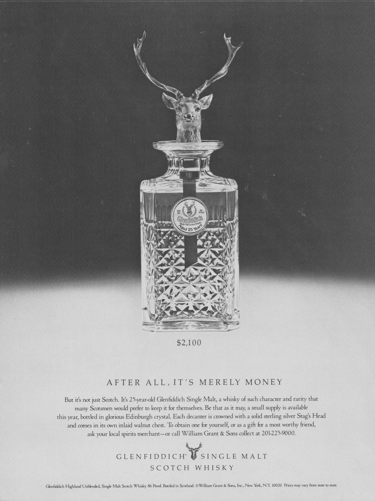 Vintage 1980s Glenfiddich 25 Year Single Malt Scotch Whisky original print advertisement, black and white image of Edinburgh crystal decanter with sterling silver stag's head stopper priced at $2,100