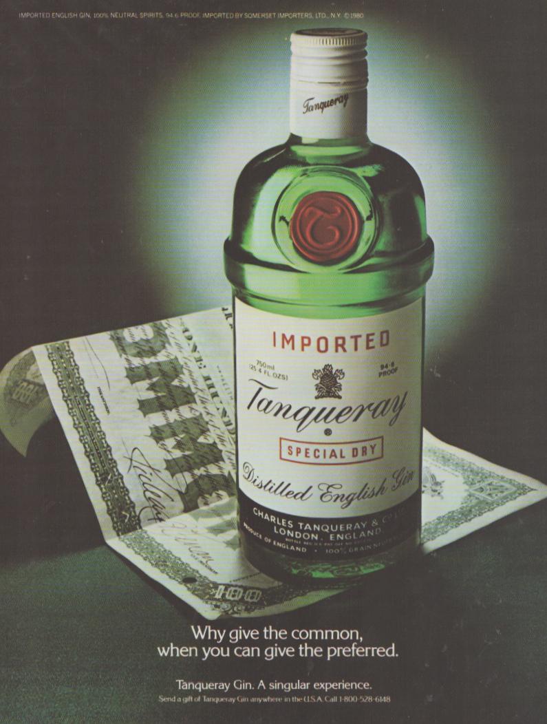 Vintage 1980 Tanqueray Special Dry Imported English Gin original print advertisement, iconic green bottle with red wax seal resting on stock certificates against dark background