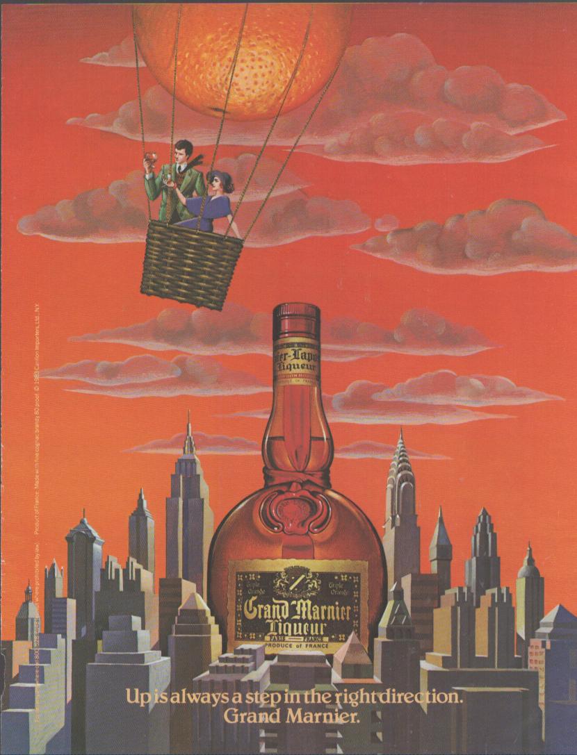 Vintage 1982 Grand Marnier Liqueur original print advertisement, illustrated surrealist scene with couple in orange hot-air balloon over Manhattan skyline with oversized Grand Marnier bottle