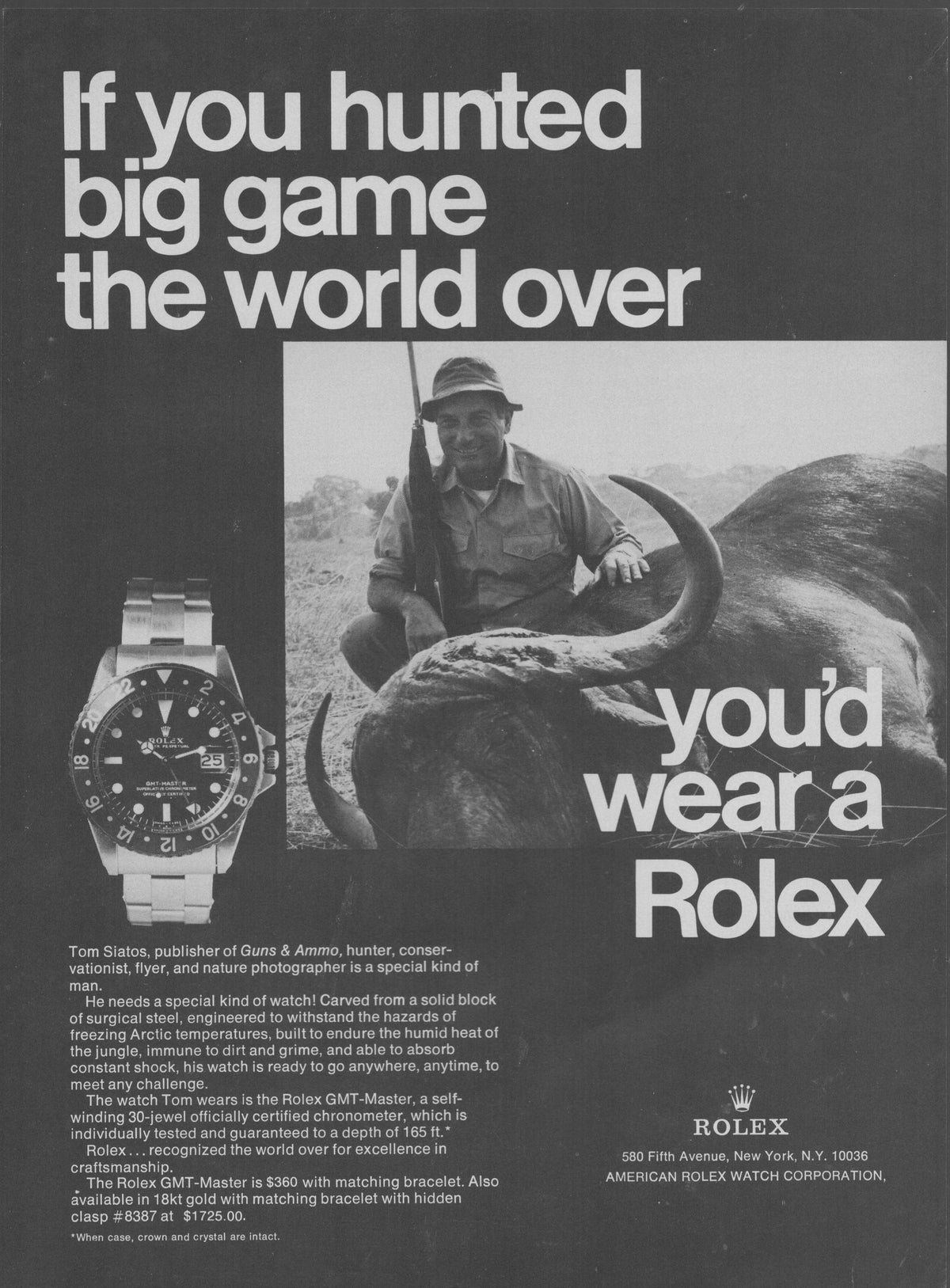 Vintage 1968 Rolex GMT-Master original print advertisement, black and white image of hunter Tom Slatos with Cape buffalo in Africa, GMT-Master watch shown beside him