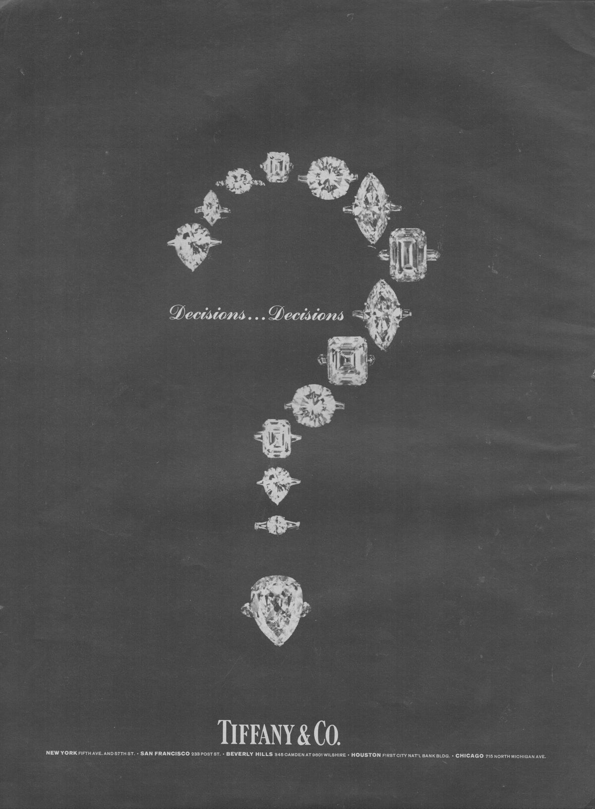 Vintage 1960s Tiffany & Co. original print advertisement, diamond rings arranged in a question mark shape on dark background with 'Decisions...Decisions' headline