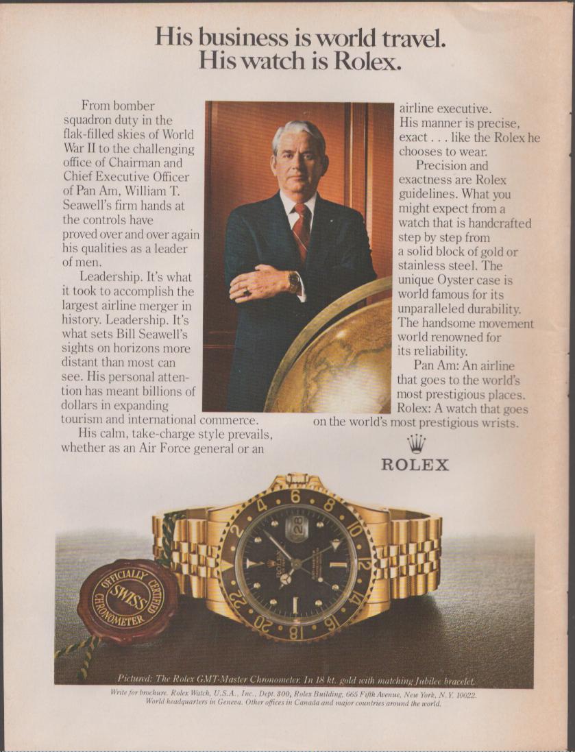 Vintage 1972 Rolex GMT-Master original print advertisement, featuring Pan Am CEO William T. Seawell in suit beside globe with 18kt gold GMT-Master watch shown prominently below