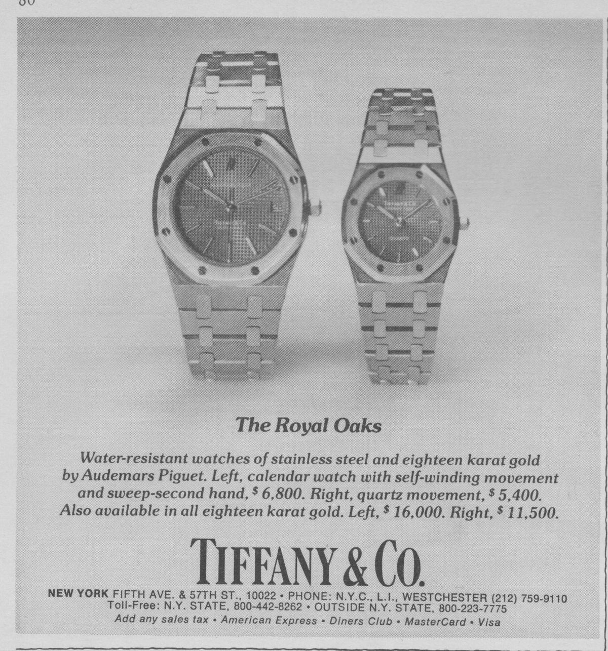 Vintage 1980s Audemars Piguet Royal Oak original print advertisement, black and white image of two Royal Oak watches sold through Tiffany & Co. New York