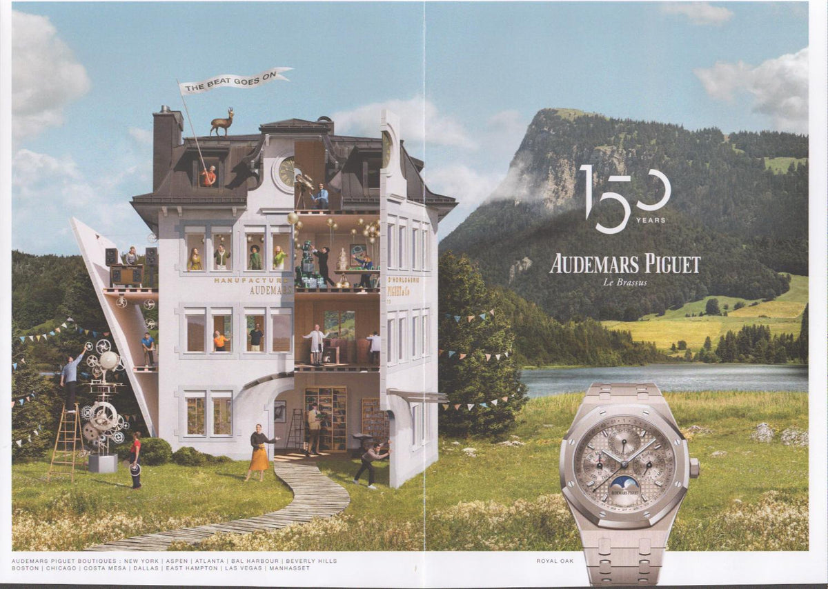Vintage Audemars Piguet Royal Oak 150th Anniversary original print advertisement, whimsical cutaway of Le Brassus manufacture building with Swiss Alps backdrop and Royal Oak moonphase watch