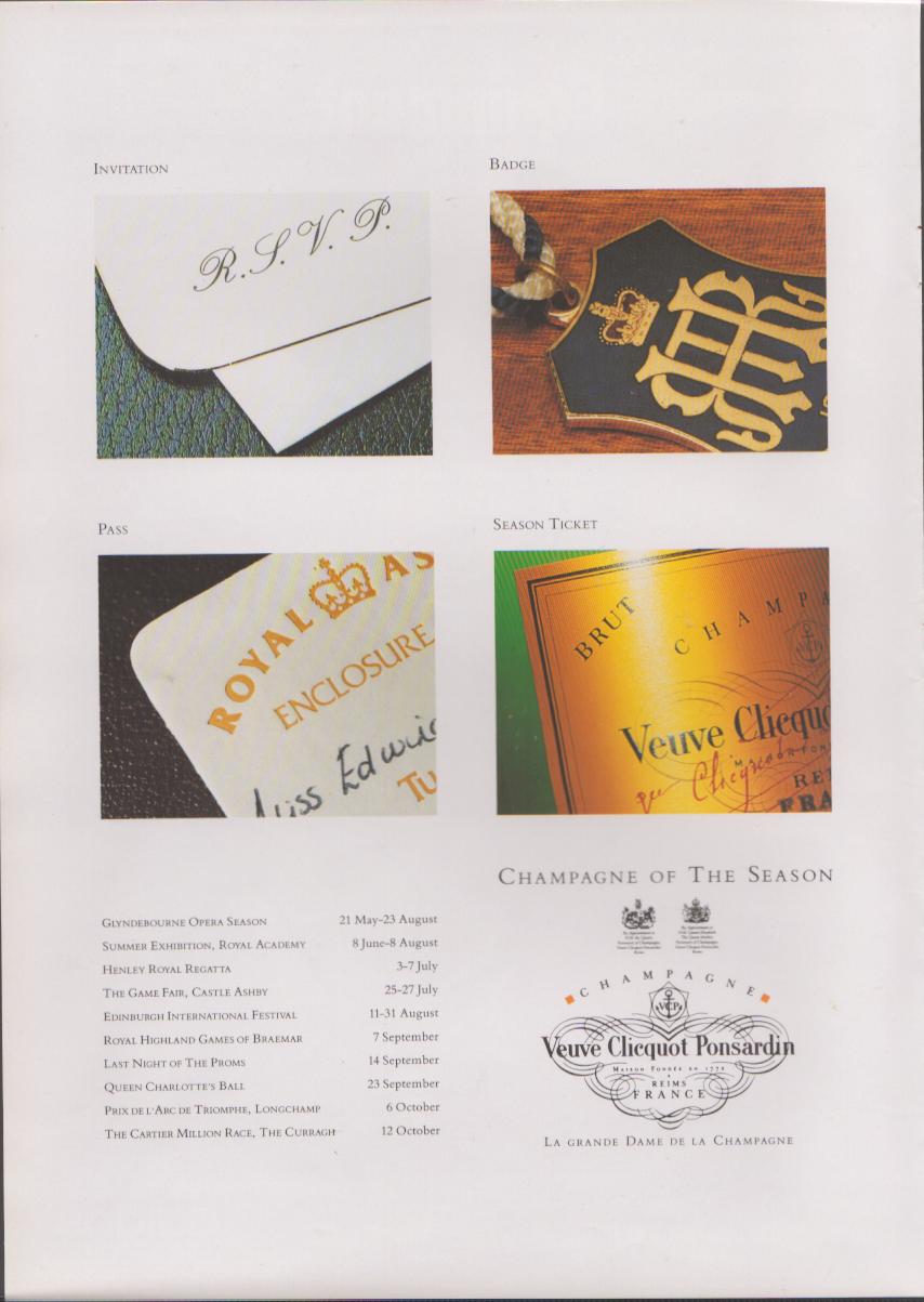 Vintage 1990s Veuve Clicquot Ponsardin original print advertisement, four-panel layout featuring RSVP invitation, club badge, Royal Enclosure pass, and champagne bottle label with British social season calendar