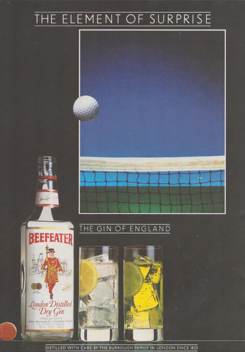 Vintage 1980s Beefeater London Dry Gin original print advertisement, black background with tennis court photo, gin bottle, and two garnished gin and tonic glasses