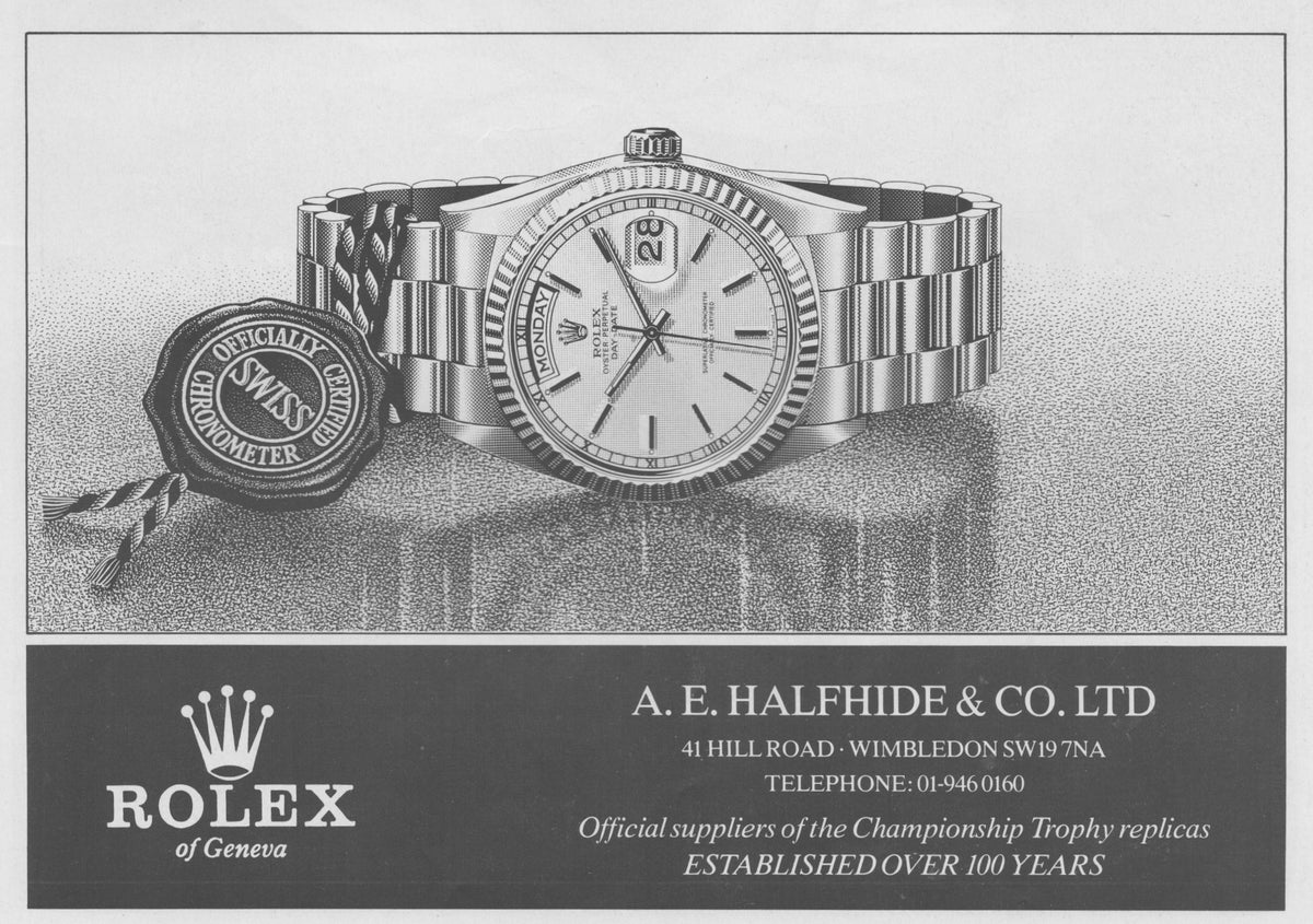 Vintage 1970s Rolex Day-Date President original print advertisement, black and white illustration of watch on President bracelet with Swiss Officially Certified Chronometer wax seal, A.E. Halfhide Wimbledon retailer ad