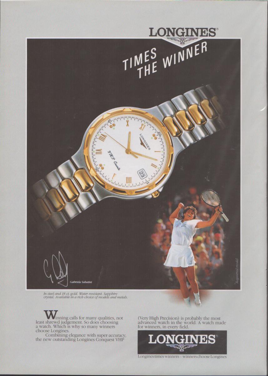 Vintage 1988 Longines Conquest VHP original print advertisement featuring Gabriela Sabatini serving at tennis with two-tone gold and steel watch prominent on dark background