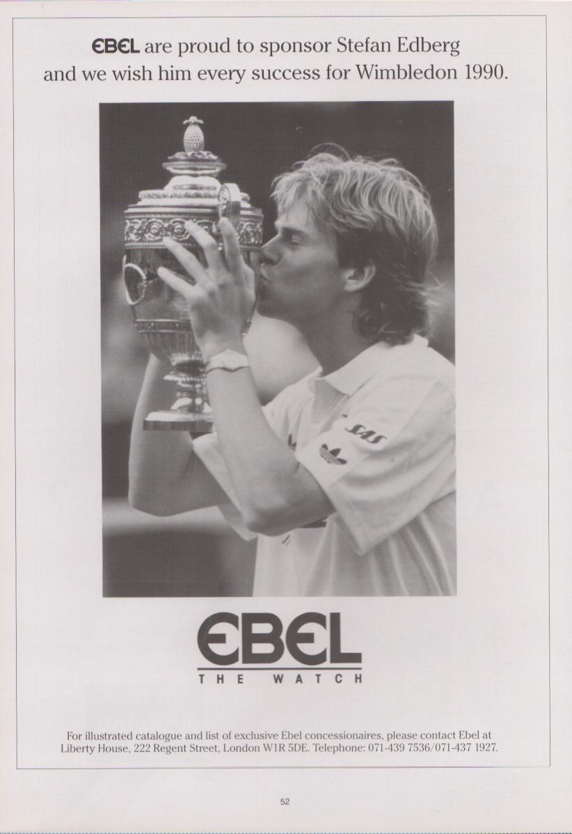 Vintage 1990 Ebel watch original print advertisement, black and white photo of Stefan Edberg kissing the Wimbledon trophy with Ebel watch on wrist