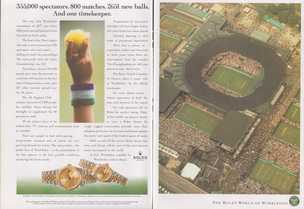 Vintage 1980s Rolex Datejust Wimbledon original print advertisement, featuring gold Rolex watches and aerial view of Wimbledon tennis courts