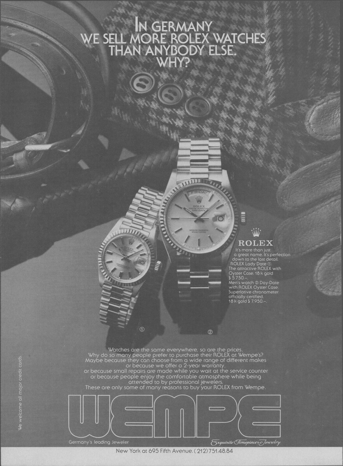 Vintage 1970s Rolex Day-Date and Lady Date original print advertisement, black and white image of two 18k gold President-bracelet watches on houndstooth fabric, Wempe jeweler retailer ad