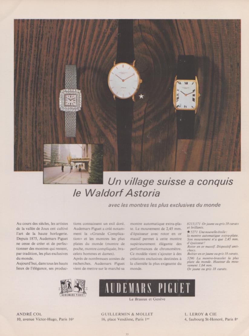 Vintage 1960s Audemars Piguet original print advertisement, three luxury watches displayed against wood grain background with French headline referencing the Waldorf Astoria