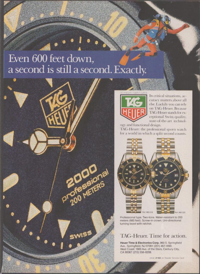 Vintage 1986 TAG Heuer 2000 Professional 200M original print advertisement, dramatic close-up of black dial with gold indices, scuba diver illustration, two-tone bracelet models shown