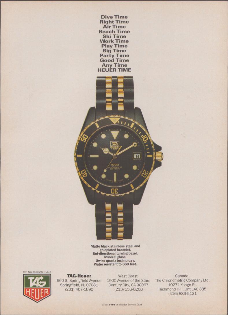 Vintage 1985 TAG Heuer 1000 Professional original print advertisement, matte black and gold two-tone diver watch with 'Heuer Time' typography on cream background