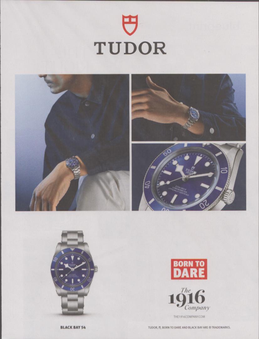 Vintage 2022 Tudor Black Bay 54 original print advertisement, multi-panel lifestyle shots with blue dial diver watch on wrist and dramatic close-up of blue rotating bezel