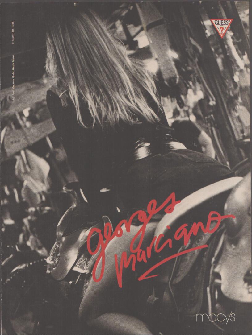 Vintage 1986 Guess Georges Marciano original print advertisement, black and white photo of blonde model in leather jacket on motorcycle with red script logo