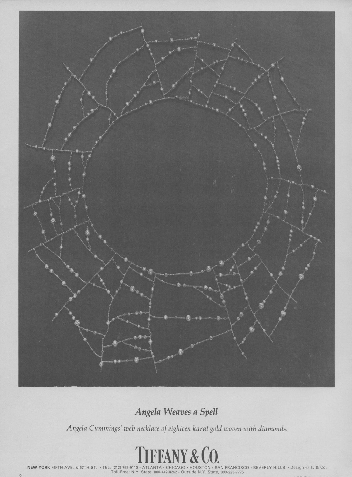 Vintage 1980s Tiffany & Co. original print advertisement, black and white photograph of Angela Cummings diamond and eighteen karat gold web necklace against dark background