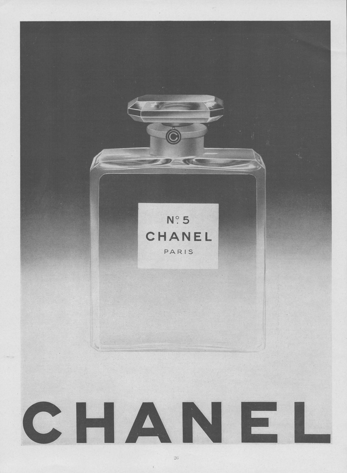 Vintage 1950s Chanel No. 5 original print advertisement, black and white studio photograph of the iconic square perfume bottle with faceted stopper and bold CHANEL wordmark below