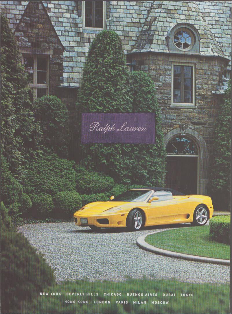 Vintage 1999 Ralph Lauren original print advertisement, yellow Ferrari 360 Spider parked on gravel driveway in front of English stone manor house with ivy, Ralph Lauren script logo on purple banner