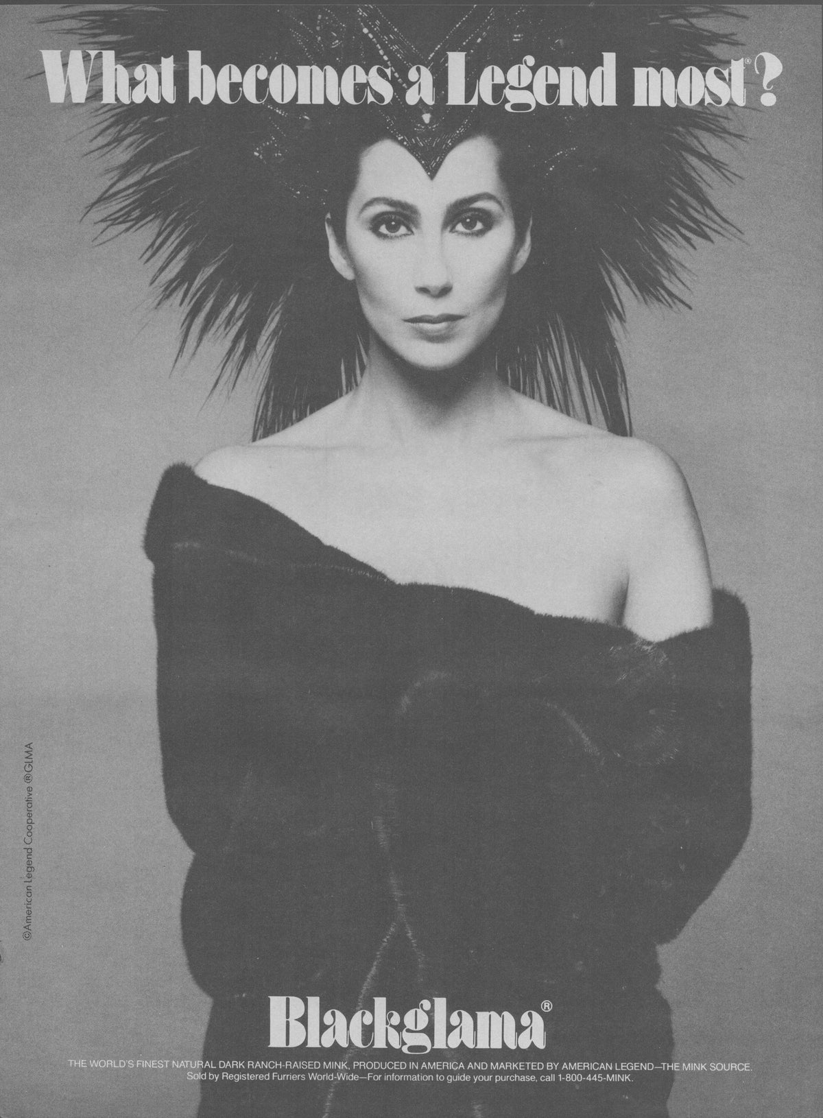 Vintage 1981 Blackglama mink original print advertisement featuring Cher in dark mink coat and feathered headdress, black and white fashion photograph