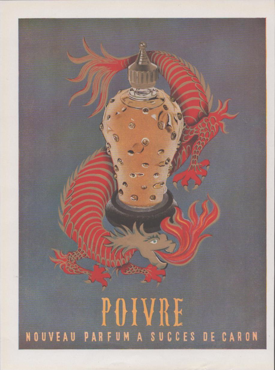 Vintage 1950s Caron Poivre original print advertisement, ornate faceted perfume flacon encircled by a vivid red dragon on a blue-grey background with gold French text