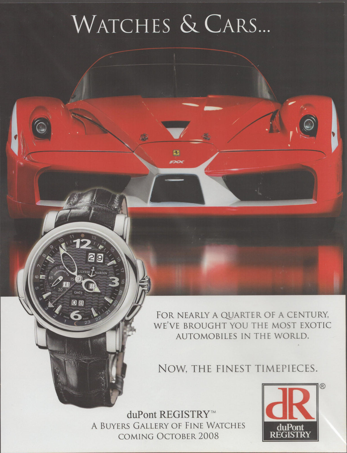 Vintage 2008 Ulysse Nardin GMT and Ferrari FXX original print advertisement, red Ferrari FXX front view above Ulysse Nardin GMT watch on black leather strap