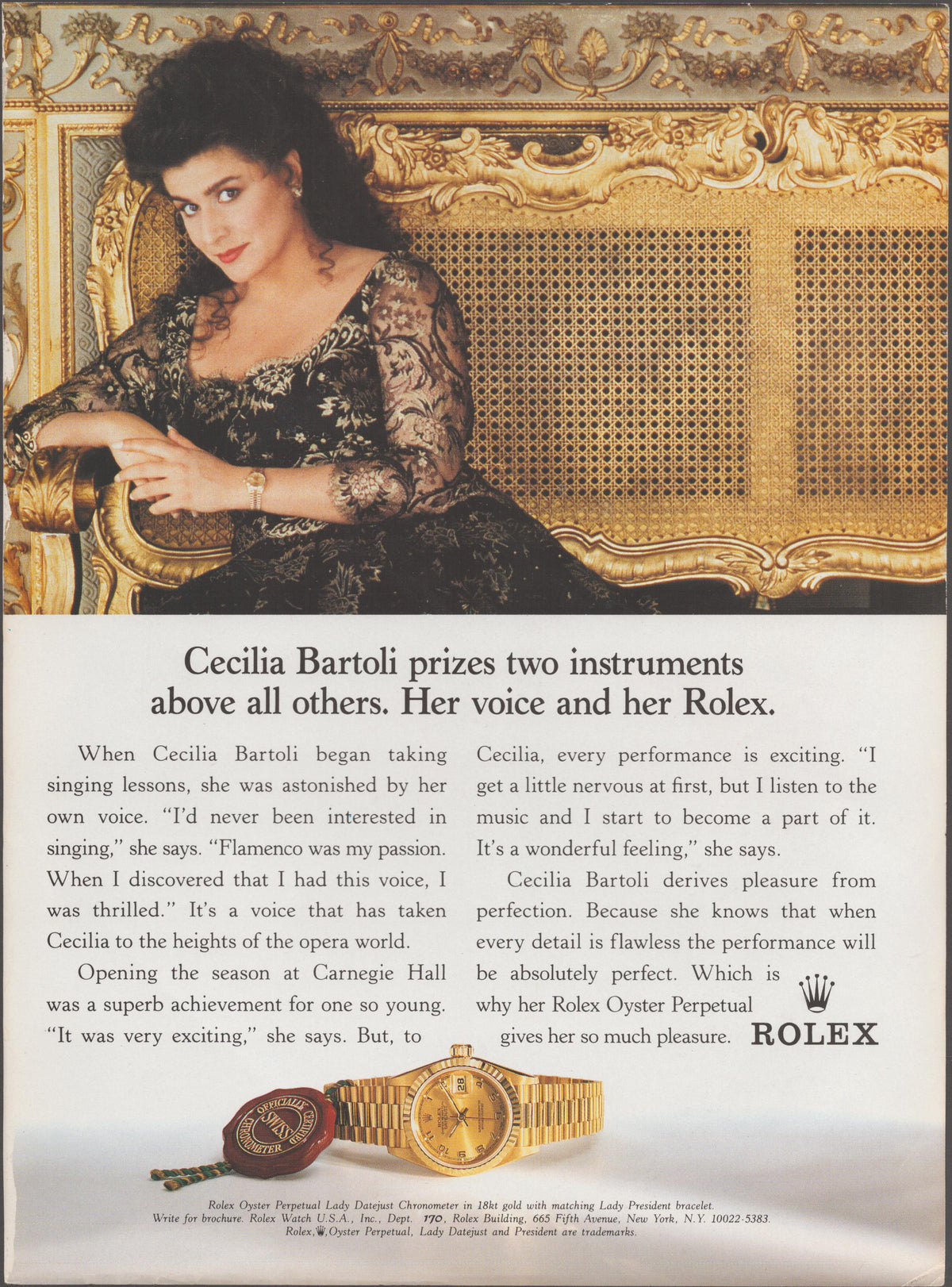 Vintage 1990s Rolex Lady Datejust original print advertisement featuring opera star Cecilia Bartoli seated on gilded baroque furniture in a black lace gown, with 18kt gold Lady Datejust watch shown below