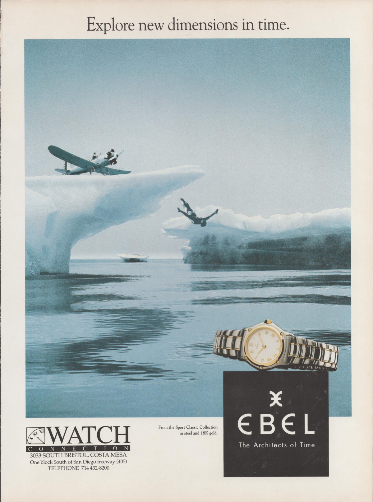 Vintage 1990s Ebel Sport Classic original print advertisement, surrealist Arctic scene with seaplane, iceberg diver, and steel and gold watch
