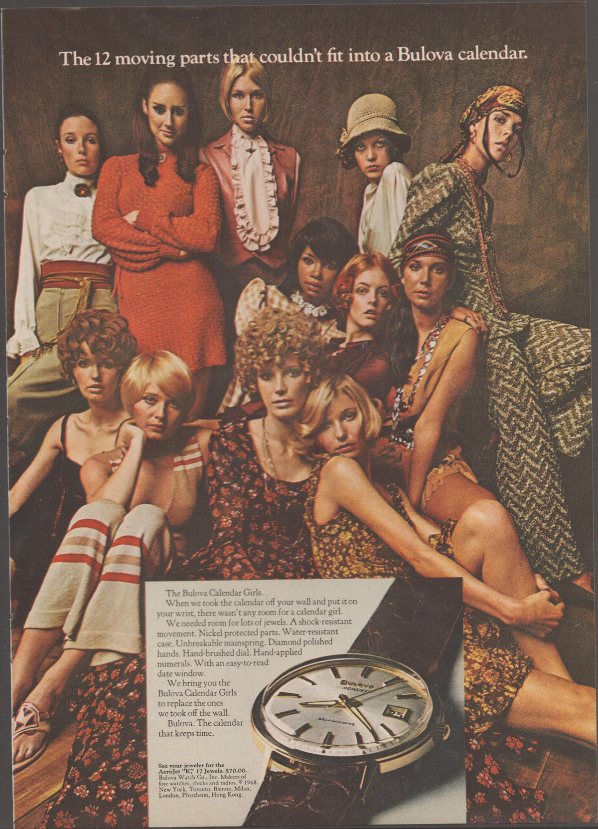 Vintage 1968 Bulova Calendar watch original print advertisement, twelve female models in bohemian 1960s fashions grouped together with Bulova AeroJet watch inset at lower right