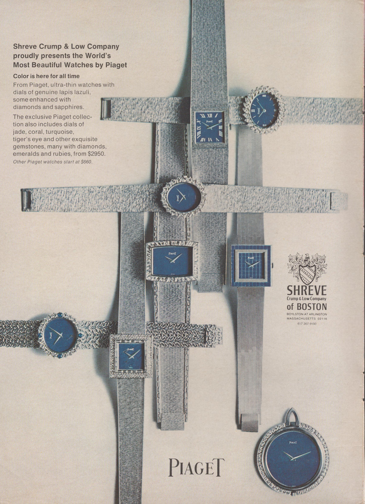 Vintage 1970s Piaget ultra-thin gemstone watch collection original print advertisement, seven gold bracelet watches with lapis lazuli and gemstone dials arranged in a fan pattern on gray background