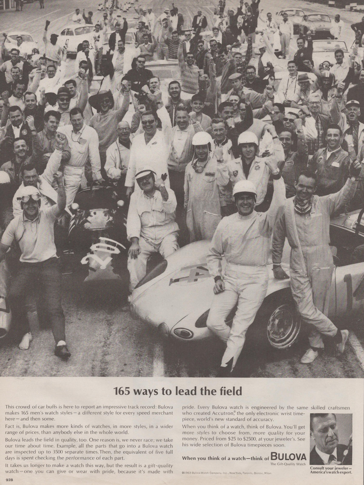 Vintage 1963 Bulova watch original print advertisement, black and white crowd of racing drivers and crew celebrating beside an open-wheel race car with headline '165 Ways to Lead the Field'