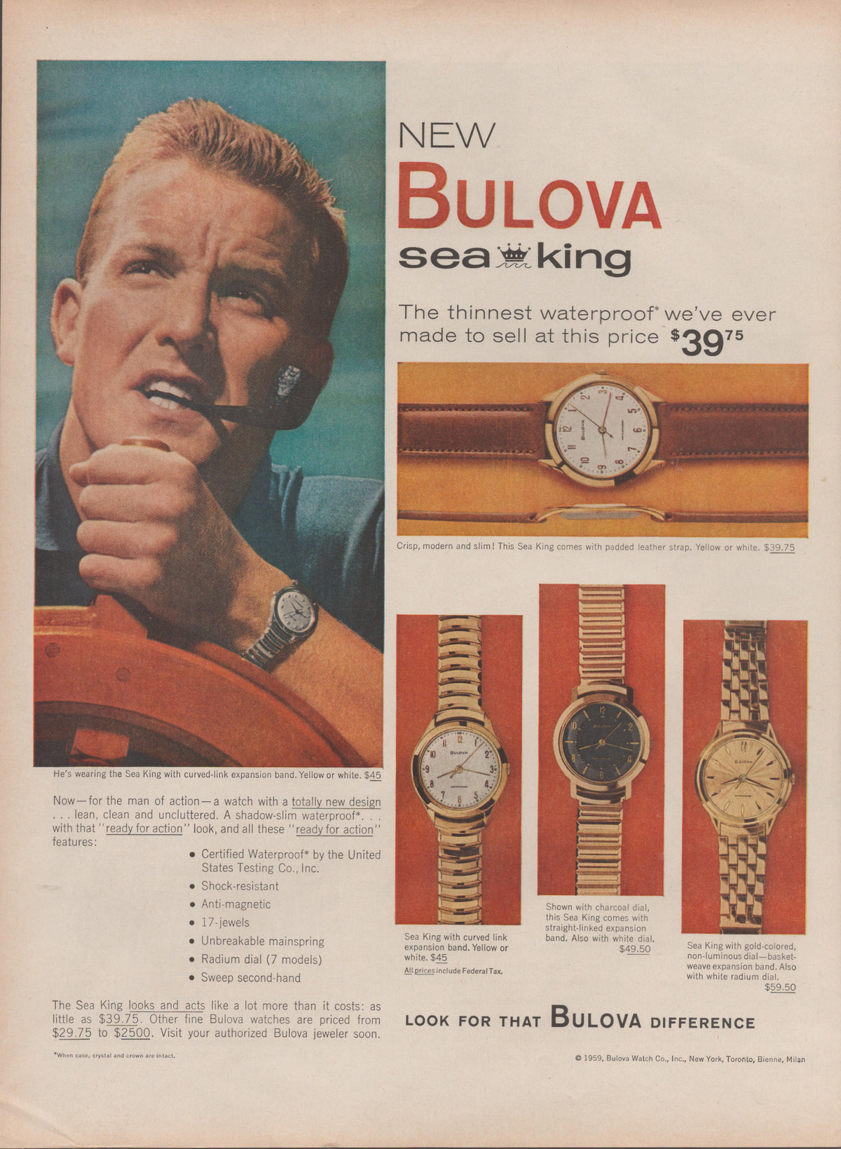 Vintage 1959 Bulova Sea King original print advertisement, man of action wearing Sea King with four watch models displayed on red background