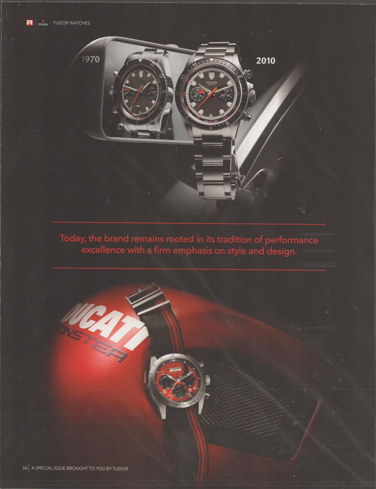 Vintage 2010 Tudor Heritage Chrono original print advertisement, showing 1970 and 2010 chronograph models alongside Ducati Monster collaboration watch on red fuel tank