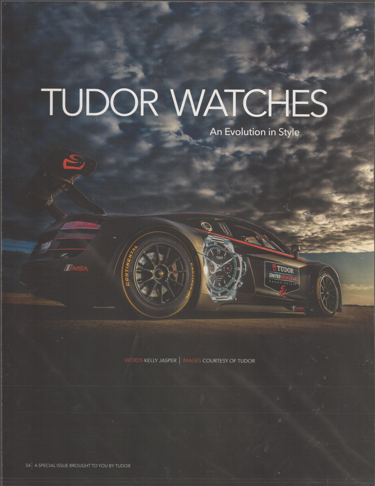 Vintage 2015 Tudor Watches original print advertisement, GT race car with Tudor sponsorship livery under dramatic stormy sky with chronograph overlay
