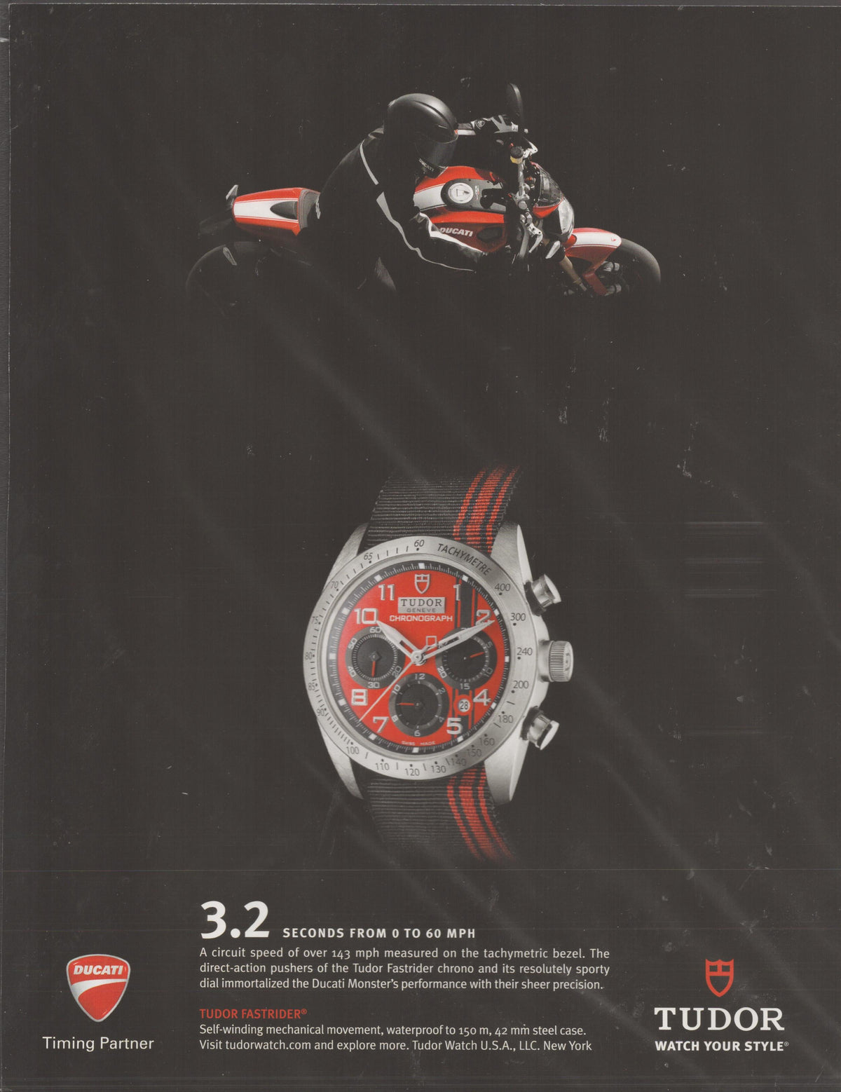 Vintage 2013 Tudor Fastrider Chronograph Ducati edition original print advertisement, red-dialed chronograph with Ducati Monster motorcycle on black background