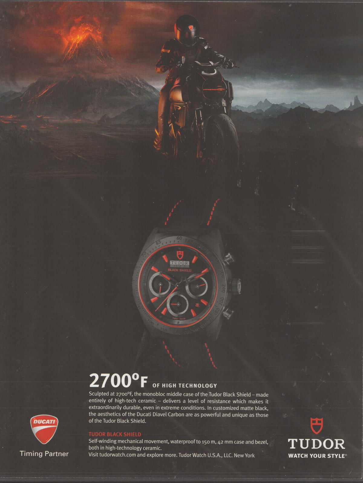Vintage 2013 Tudor Black Shield Ducati Diavel Carbon original print advertisement, armored motorcyclist against volcanic eruption backdrop with ceramic chronograph watch in foreground