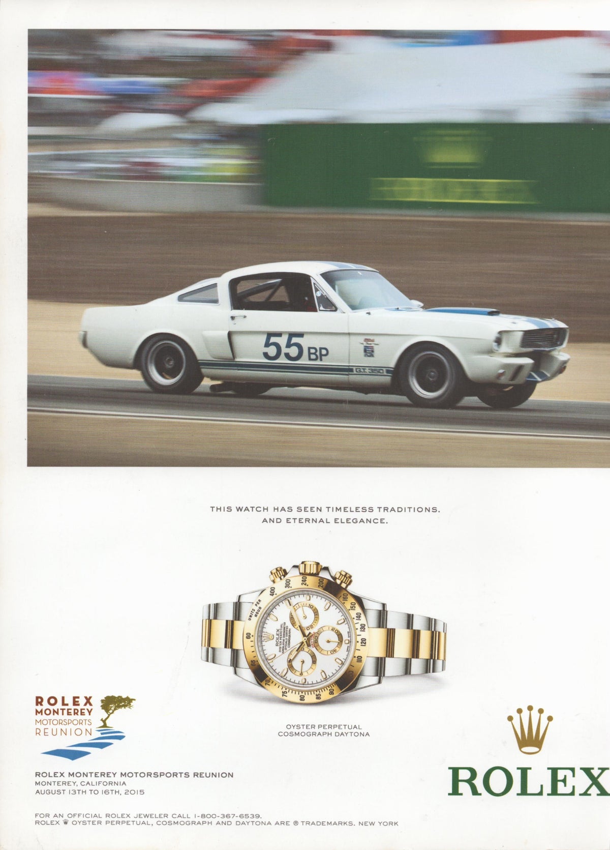 Vintage 2015 Rolex Cosmograph Daytona original print advertisement, Shelby GT350 race car number 55 on track with two-tone Daytona watch below