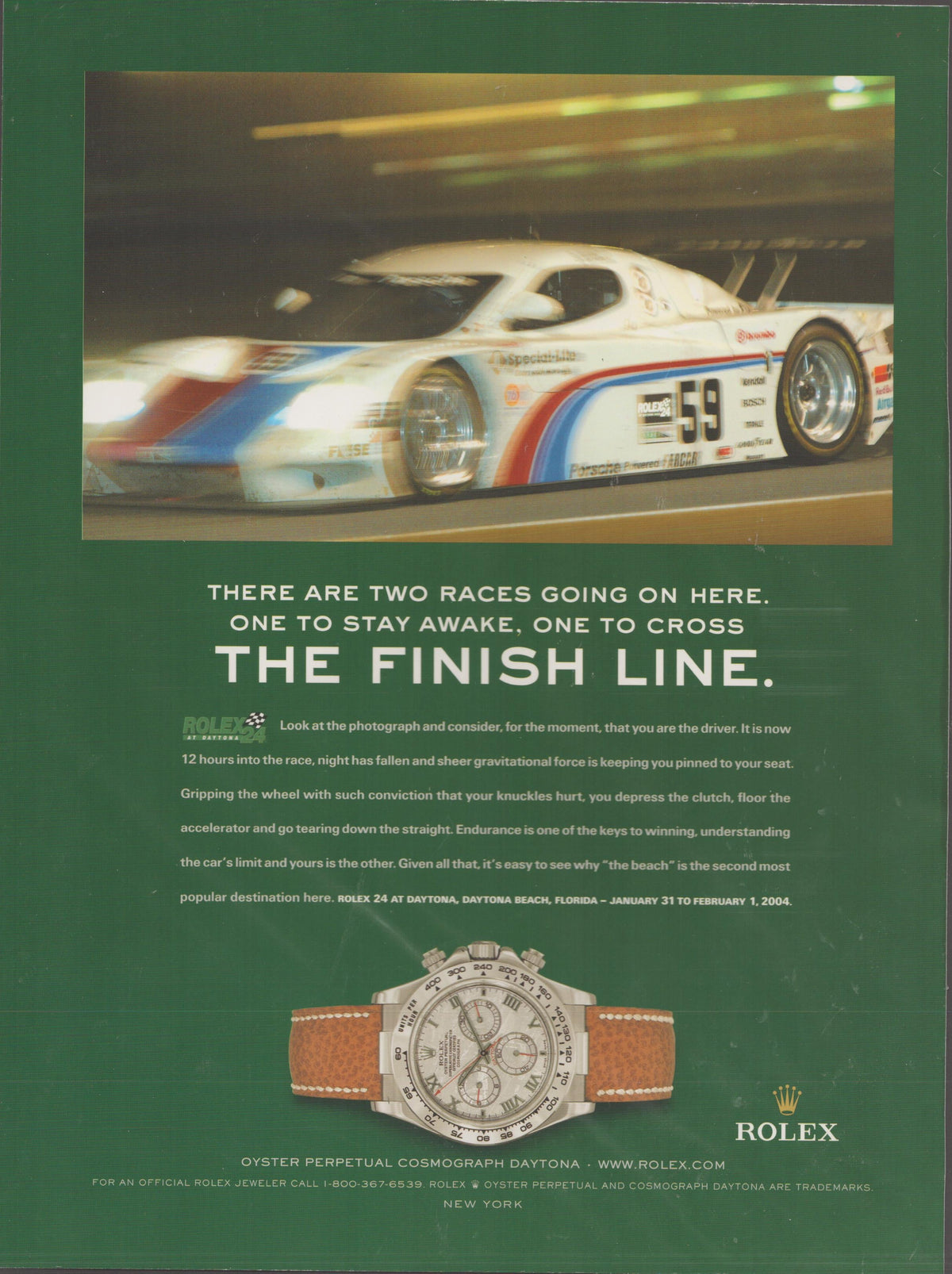 Vintage 2004 Rolex Cosmograph Daytona original print advertisement, #59 prototype race car at night with white-dial Daytona chronograph on leather strap below