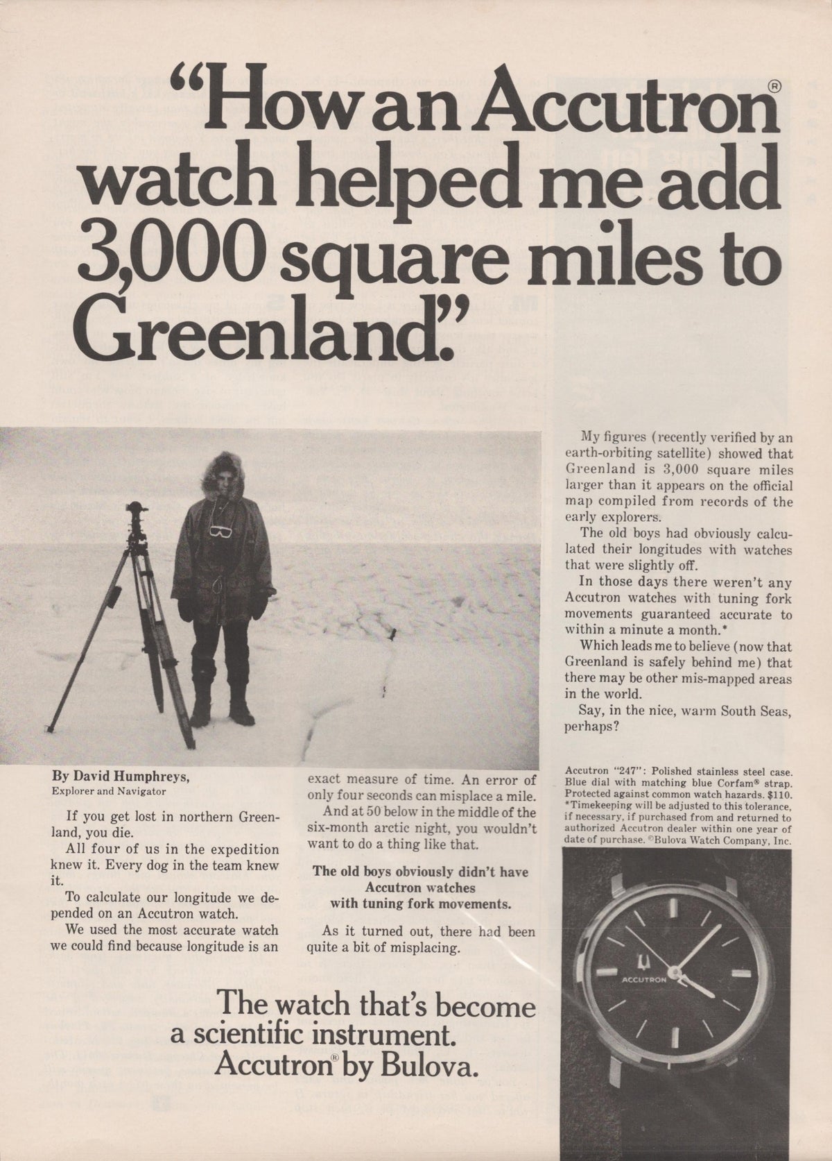 Vintage 1960s Bulova Accutron original print advertisement, black and white image of arctic explorer David Humphreys standing on Greenland ice with surveying tripod, Accutron 247 watch shown at lower right