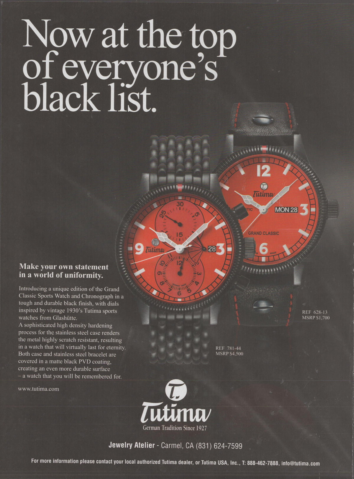 Vintage 2000s Tutima Grand Classic original print advertisement, two red-dialed black PVD watches on dark background with bold headline 'Now at the top of everyone's black list'